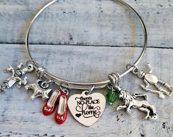 WIZARD OF OZ There's No Place Like Home Dorothy Toto Movie Themed Inspired Bangle Charm Bracelet Tinman Cowardly Lion Scarecrow Personalized
