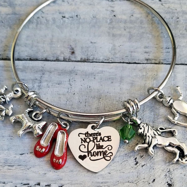 WIZARD OF OZ There's No Place Like Home Dorothy Toto Movie Themed Inspired Bangle Charm Bracelet Tinman Cowardly Lion Scarecrow Personalized