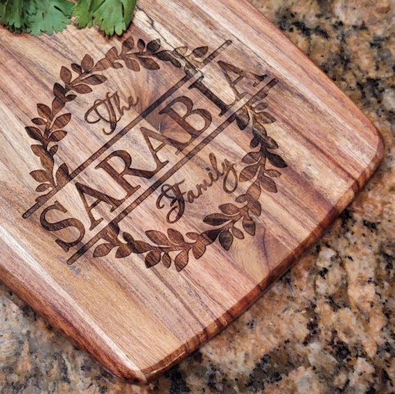 Personalized Engraved Acacia Wood Cutting Board | Farmhouse Kitchen Decor