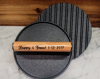 Burger Weight Personalized Custom Name Cast Iron Bacon Steak Engraved Meat Press Gift for BBQ, Grill 6 Year Anniversary Wedding Est. Year