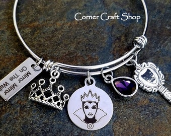 EVIL QUEEN Snow White Wicked Queen Disney Inspired Charm Princess Villain Bangle Bracelet Witch ,Purple Gem Crown Mirror Mirror on the wall