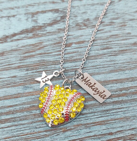 Girls Softball Player Personalized Engraved Name Charm Necklace W