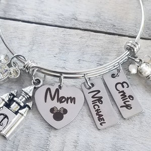 Personalized Mom Minnie Mouse Disney Inspired Charm Bangle Bracelet Magic Kingdom Castle Disney Names Name Tag  Child Children Mother's Day