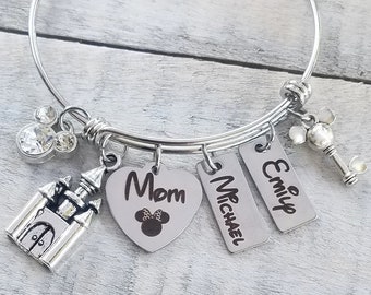 Personalized Mom Minnie Mouse Disney Inspired Charm Bangle Bracelet Magic Kingdom Castle Disney Names Name Tag  Child Children Mother's Day