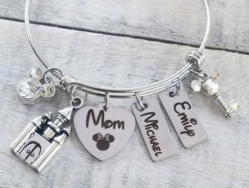 Personalized Mom Minnie Mouse Disney Inspired Charm Bangle Bracelet Magic Kingdom Castle Disney Names Name Tag Child Children Mother's Day image 1
