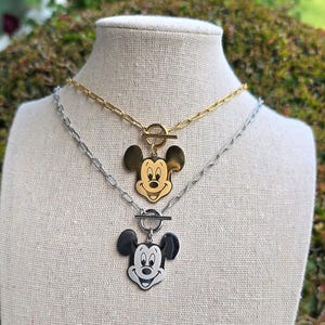 Big Face Mouse Charm Necklace, Mickey, Gold Silver, Personalized Custom Engraved Name, Toggle Clasp Paperclip Link Disney park Inspired