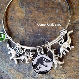 Dinosaur Jurassic Inspired Stainless Steel Charm  Silver Bangle Bracelet Stegosaurus TRex Brontosaurus Movie Bracelet option to personalize