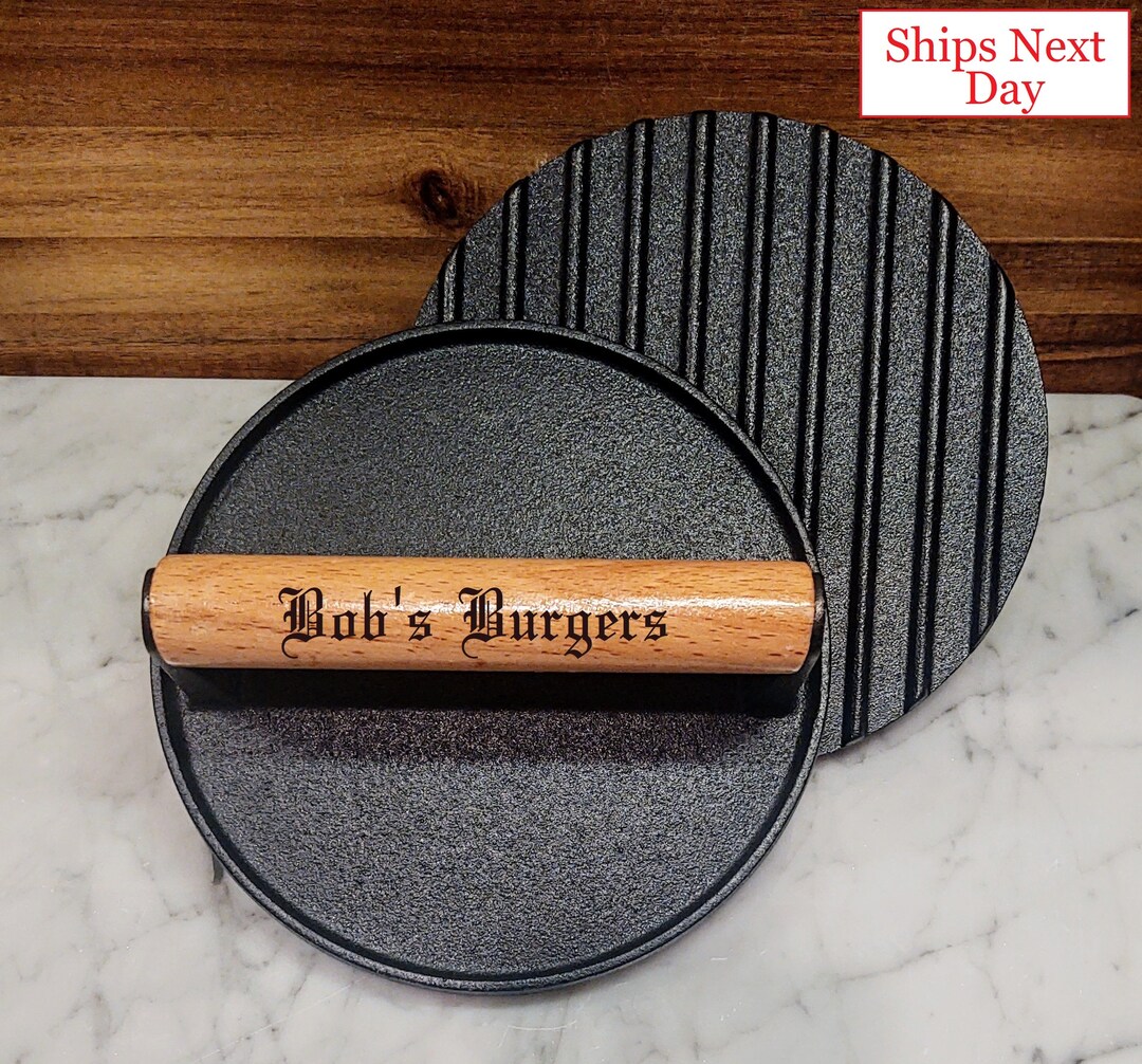 Burger Weight Personalized Custom Name Cast Iron Bacon Steak Engraved