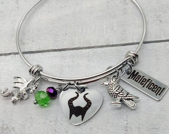 Maleficent  Sleeping Beauty Inspired Dragon Crow Raven Charm Princess Villain Bangle Bracelet Option to personalize engraved name