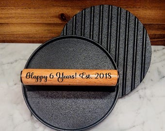Burger Weight Personalized Custom Name Cast Iron Bacon Steak Engraved Meat Press Gift for BBQ, Grill 6 Year Anniversary Wedding Est. Year