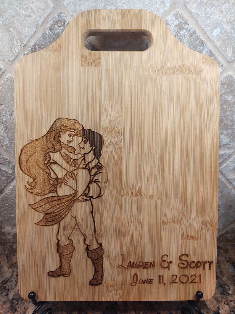 Little Mermaid Prince Eric Personalized Names Date Princess Ariel Cheese, Cutting Wood Board Kitchen Engraved Gift, Cooking Wall art Wedding image 1