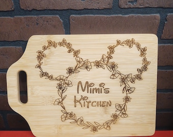 Personalized Name Mickey Mouse flower Inspired Cheese Cutting Wood Board Kitchen Decor Engraved Art, Grandma, Mom, Aunt, Sister, Friend Gift