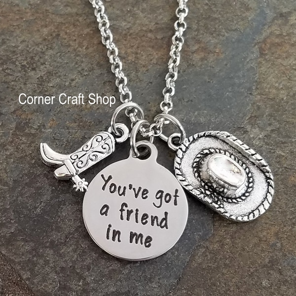 You've Got a Friend in me Woody Toy Story Disney Movie Inspired Necklace boot Cowboy hat Charm Buzz Lightyear Best Friends personalized Name