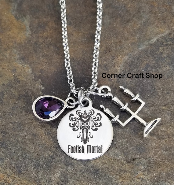 Foolish Mortal Wallpaper print  charm Disney Haunted Mansion Ride Inspired Necklace Candle Charm, Personalized Name Ghost host Engraved