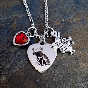 Queen Of Hearts  Alice in Wonderland  Disney Ride Inspired Charm Necklace Disney Villain Rabbit charm Red Heart Charm