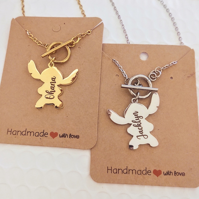 🎁Buy 2 FREE SHIPPING🎁|Personalized Name Lilo Blue Alien Family Charm, Link Necklace with Toggle Clasp,  Custom Name Necklace