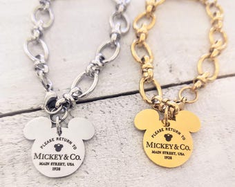Please Return To Mickey & Co Engraved Mouse Ears Stainless Steel Charm Link Bracelet Silver Gold Fan Gift Personalized Name Park Jewelry