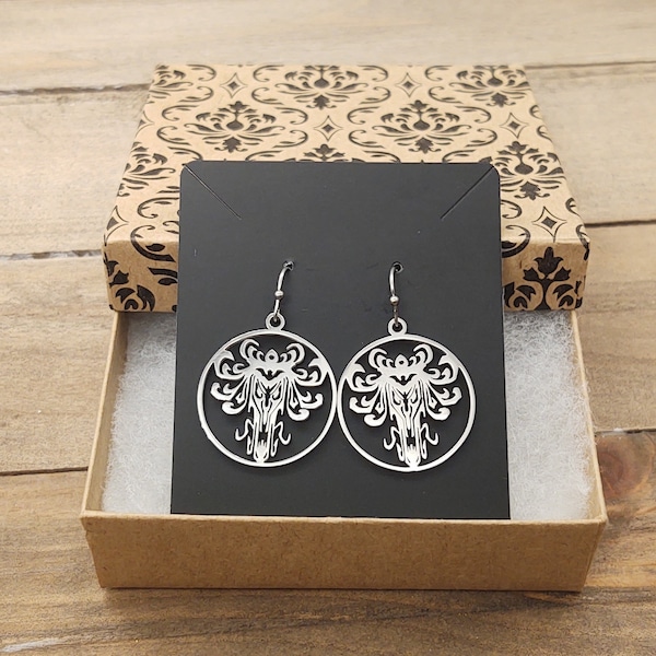 Haunted Mansion Wallpaper Ghoul Dangle Earrings Halloween Charm, DIsney Fan , Ghost Host, Costume, Stainless Steel Silver or Gold  1" Round