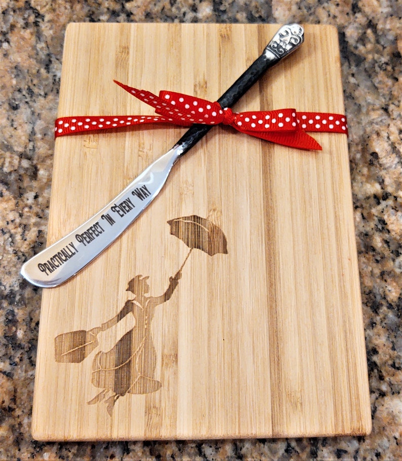 Mary Poppins Umbrella Engraved Wood Cutting board Gift Set Practically Perfect In Every Way Spreader Knife, Holiday Hostess Gift Set image 1