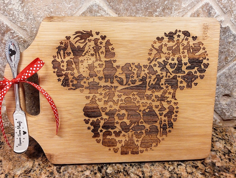 Mickey Mouse Head w/ Disney Characters Engraved Wood Cutting board Gift Set Spreader Knife Spread Some Magic Mother's Day Birthday Mom gift image 1