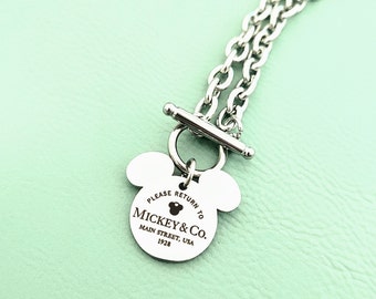Please Return To Mickey & Co Engraved Mouse Ears Stainless  Charm Link Necklace Toggle Clasp Fan Gift Personalized Name Gold, Black, Silver