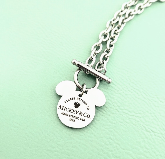 Please Return To Mickey & Co Engraved Mouse Ears Stainless  Charm Link Necklace Toggle Clasp Fan Gift Personalized Name Gold, Black, Silver
