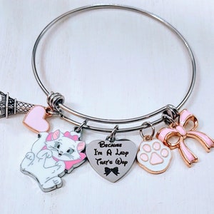 Aristocats Marie Cat Because I&#39;m A Lady That&#39;s Why Quote Charm  Bangle Bracelet Pink Bow Paris Eiffel Tower Rhinestone Paw Personalized