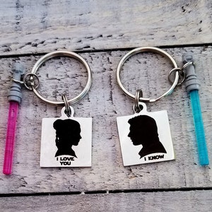 I Love You I Know Star Wars 2 pc set of Keychains Lightsaber Couples Gift You choose Light saber color Han Solo Princess Leia Gift