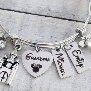 Personalized Grandma Minnie Mouse Disney Inspired Charm Bangle Bracelet Magic Kingdom Castle Key  Names  Child, Children Mother's Day