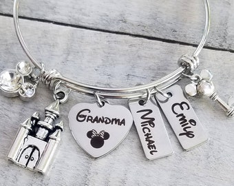 Personalized Grandma Minnie Mouse Disney Inspired Charm Bangle Bracelet Magic Kingdom Castle Key  Names  Child, Children Mother's Day