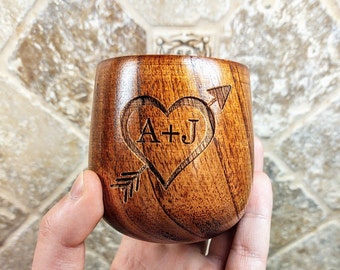 Valentine's Day Couple Initials Heart arrow Engraved Wood Cup Personalized Bourbon Whiskey Shot Tumbler Wedding, Anniversary gift for him