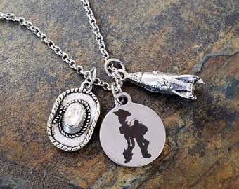 Woody Buzz Toy Story Inspired Necklace Disney Fan Cowboy Hat Space Ship Friend Necklace BFF rocket ship spaceship Option To Personalize Name