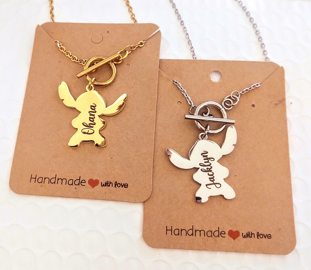 Gold, Stainless Steel Engraved Lilo Stitch Ohana Means Family