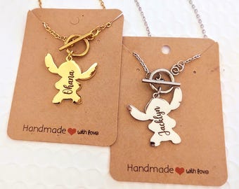 Gold, Stainless Steel Engraved Lilo Stitch Ohana Means Family Charm Link Necklace w/ Toggle Clasp Gift Personalized Name Custom Name Stitch