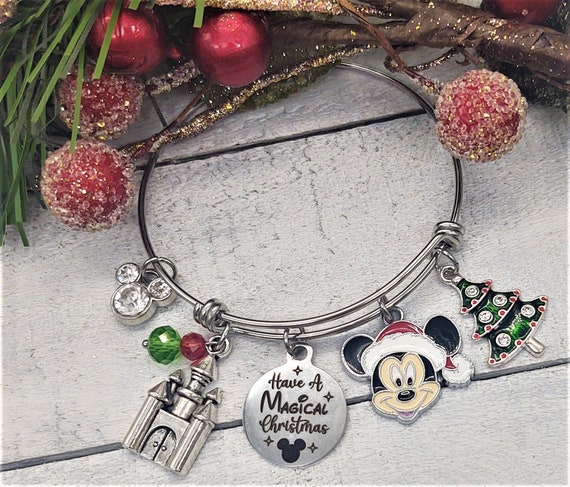 Have A Magical Christmas Mickey Mouse Santa Castle Tree Charm bracelet Custom personalized name Holiday Jewelry Disney inspired Gift
