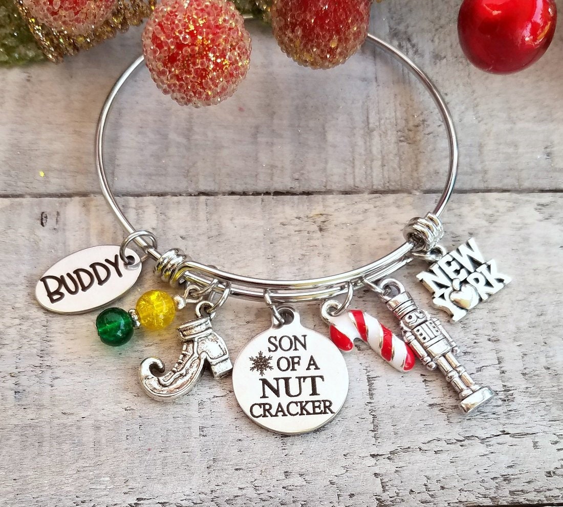 SON OF A NUTCRACKER Elf Movie Inspired Charm Silver Bangle Bracelet New York Buddy Elf Shoe Candy Cane Yellow Green Beads Personalized Etsy Ireland