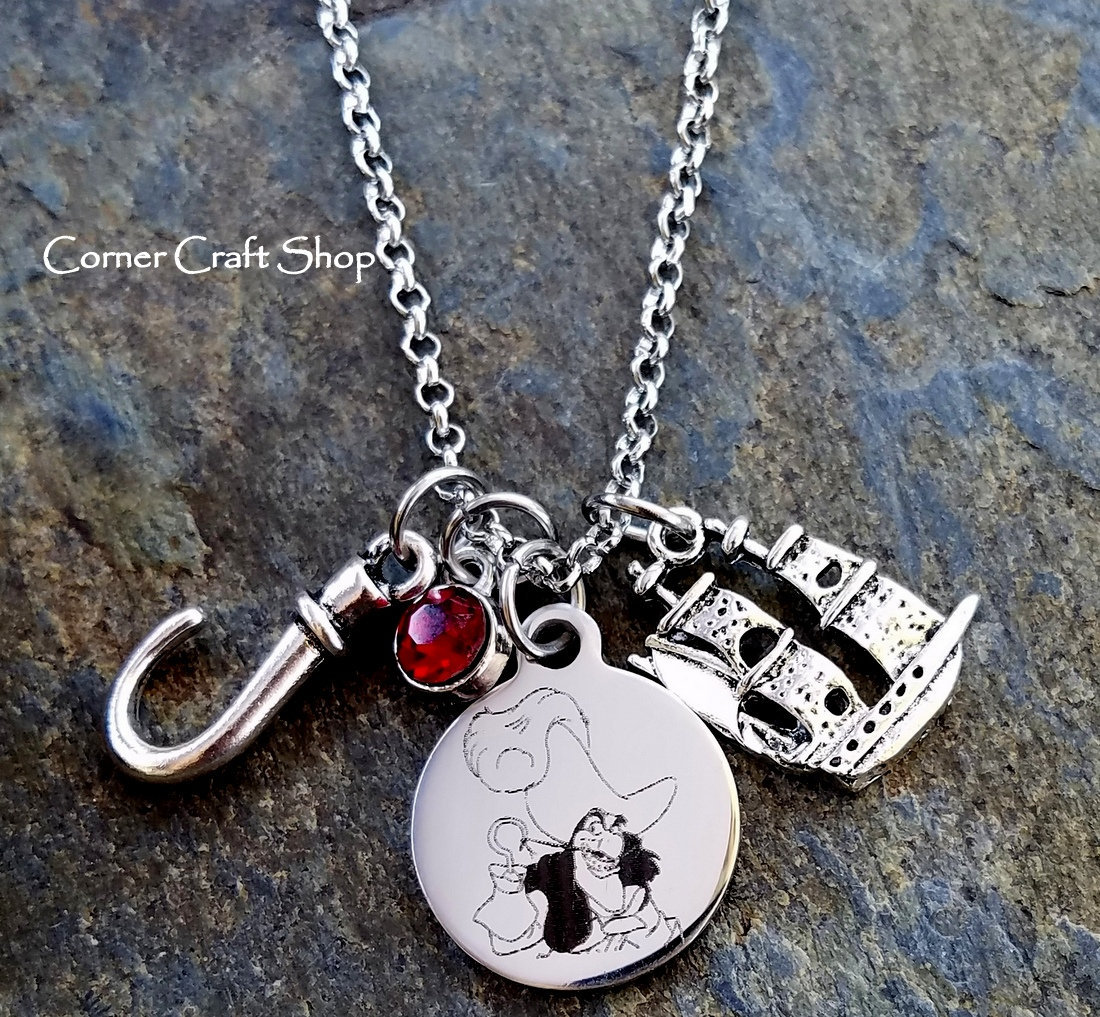 Captain Hook Peter Pan Villain Charm Necklace Pirate Ship Red Gem charm option to personalize engraved name on back Costume Jewelry
