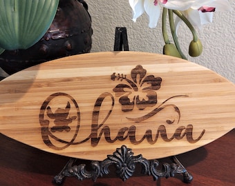 Ohana Lilo Stitch Inspired Surf board Cutting, Wood Cheese Board Beach Home Wall Decor Engraved Gift Baby Nursery Surfer