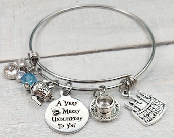 A Very Merry Unbirthday To You Alice Wonderland Mad Tea Cup Disney Ride Inspired Charm Bangle Bracelet Happy Birthday Cake Teapot Mickey