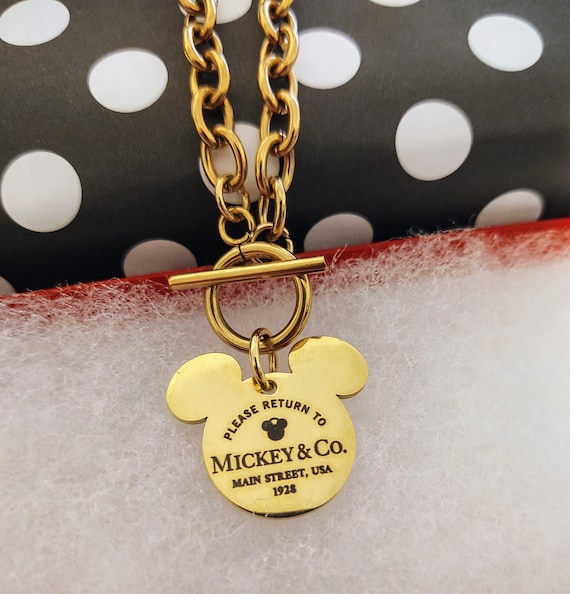 Please Return To Mickey & Co Engraved Mouse Ears Stainless  Charm Link Necklace Toggle Clasp Fan Gift Personalized Name Gold, Black, Silver
