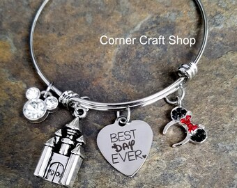 Best Day Ever! Minnie Mouse Ears Charm Disney Inspired Bangle Bracelet Cinderella Castle Rhinestone Mickey Option to Personalize with name