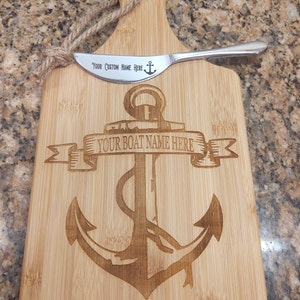 Custom Boat Personalized Name Nautical Sailing Sailboat Anchor Cutting Wood Board Spreader Knife Kitchen Decor Engraved Art Charcuterie Gift