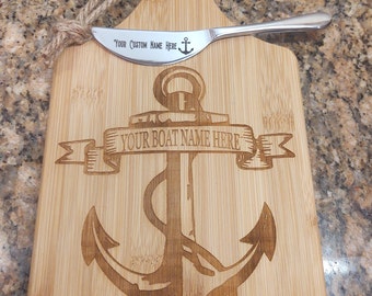 Custom Boat Personalized Name Nautical Sailing Sailboat Anchor Cutting Wood Board Spreader Knife Kitchen Decor Engraved Art Charcuterie Gift