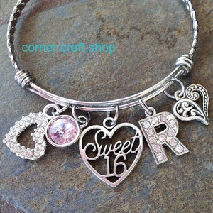 Sweet 16 Birthday Girl Personalized Bangle Bracelet w/ Rhinestone Charms Initial , Birthstone, heart charms Birthday Gift Option to ENGRAVE image 2