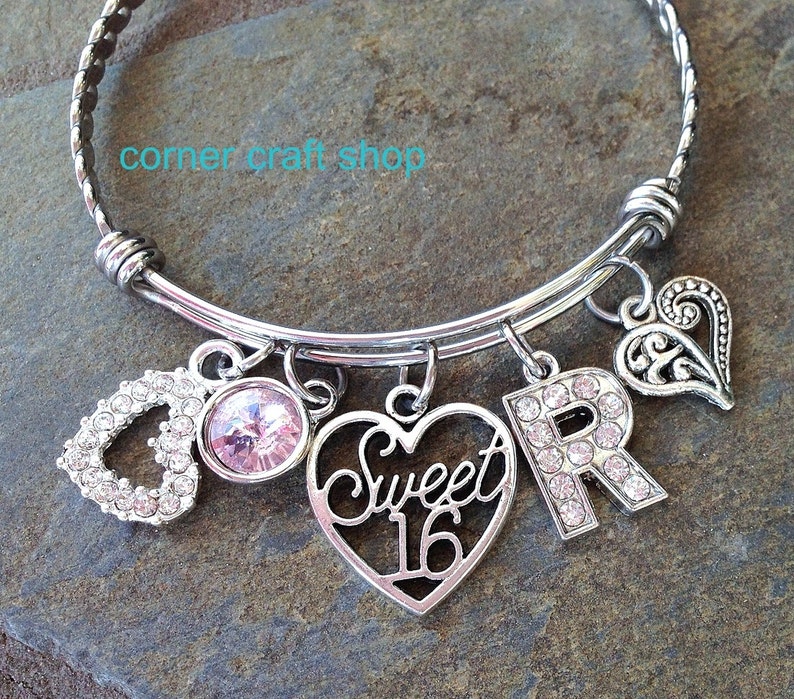 Sweet 16 Birthday Girl Personalized Bangle Bracelet w/ Rhinestone Charms Initial , Birthstone, heart charms Birthday Gift Option to ENGRAVE image 2