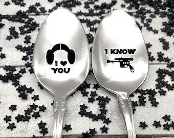 I love you I Know Star Wars Set of 2 Coffee Ice Cream Cereal Spoons Han Solo Princess Leia Christmas Gift Option to Personalize with Name