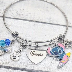 Lilo & Stitch Ohana Heart charm Disney Inspired Bangle Charm Bracelet Ohana Means Family  option to personalize laser engraved custom name