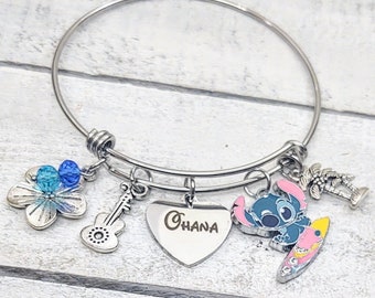 Lilo & Stitch Ohana Heart charm Disney Inspired Bangle Charm Bracelet Ohana Means Family  option to personalize laser engraved custom name