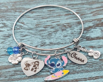 Lilo & Stitch Ohana Heart Disney Inspired Bangle Charm Bracelet Ohana Means Family Custom Name Personalized Bracelet Graduation Wedding lilo