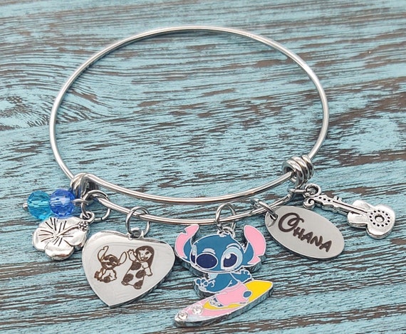 Lilo & Stitch Ohana Heart charm Disney Inspired Bangle Charm Bracelet Ohana  Means Family option to personalize laser engraved custom name